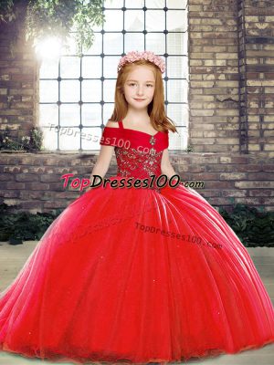 Lace Up Little Girl Pageant Gowns Red for Party and Sweet 16 and Wedding Party with Beading Brush Train