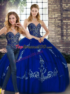 Elegant Royal Blue Sweetheart Lace Up Beading and Embroidery Quinceanera Gown Sleeveless