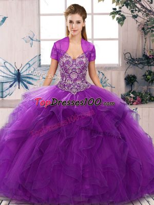 Clearance Purple Tulle Lace Up Sweet 16 Quinceanera Dress Sleeveless Floor Length Beading and Ruffles