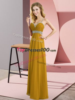 Straps Sleeveless Prom Evening Gown Floor Length Beading Brown Chiffon
