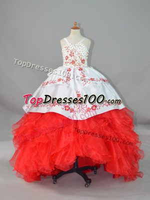 Straps Sleeveless Little Girls Pageant Dress Sweep Train Beading and Embroidery and Ruffles White And Red Satin and Organza