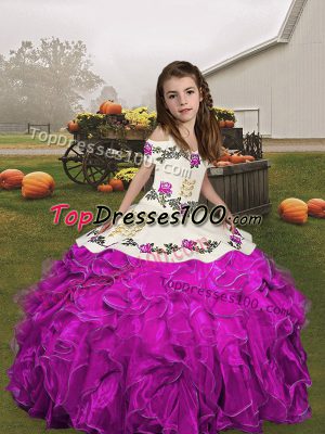 Nice Ball Gowns Girls Pageant Dresses Fuchsia V-neck Organza Sleeveless Floor Length Lace Up