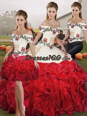 Extravagant White And Red Sleeveless Embroidery and Ruffles Floor Length 15 Quinceanera Dress