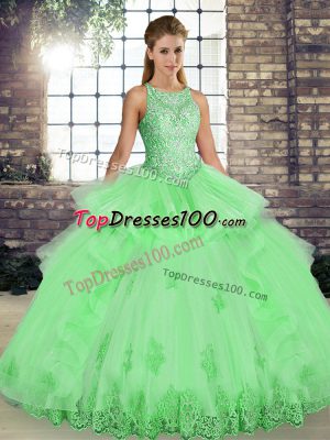 Floor Length Vestidos de Quinceanera Tulle Sleeveless Lace and Embroidery and Ruffles
