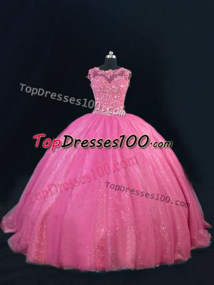 Simple Hot Pink Vestidos de Quinceanera Sweet 16 and Quinceanera with Beading and Lace and Sequins Scoop Sleeveless Lace Up