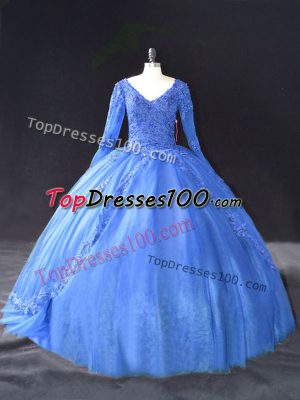Cheap V-neck Long Sleeves Lace Up Sweet 16 Quinceanera Dress Blue Tulle
