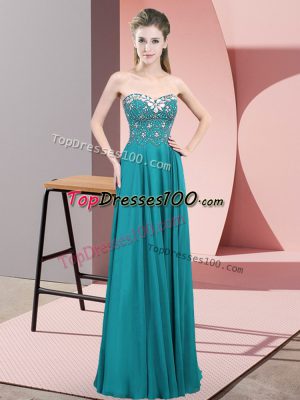 Perfect Teal Chiffon Zipper Sweetheart Sleeveless Floor Length Prom Gown Beading