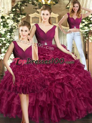 Beautiful Burgundy Organza Backless V-neck Sleeveless Floor Length Quinceanera Gown Ruffles