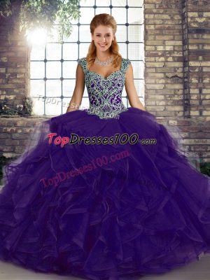 Purple Sleeveless Floor Length Beading and Ruffles Lace Up Quinceanera Dress