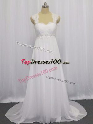 Brush Train Empire Wedding Gowns White Straps Chiffon Sleeveless Lace Up