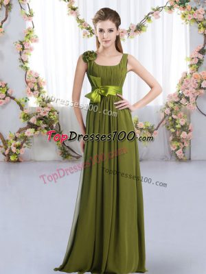 Chiffon Straps Sleeveless Zipper Belt and Hand Made Flower Bridesmaid Dress in Olive Green