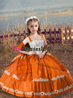 Orange Red Satin Lace Up Straps Sleeveless Floor Length Child Pageant Dress Beading and Embroidery