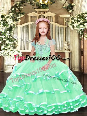 Fancy Apple Green Lace Up Straps Beading and Ruffled Layers Pageant Dress Wholesale Tulle Sleeveless