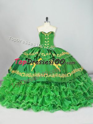 Green Quinceanera Gown Sweet 16 and Quinceanera with Embroidery and Ruffled Layers Sweetheart Sleeveless Brush Train Lace Up