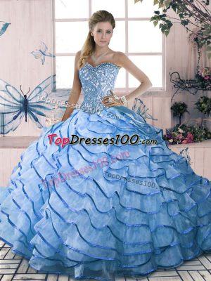 New Style Sweetheart Sleeveless Brush Train Lace Up Quinceanera Dresses Blue