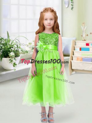 Fashion Sleeveless Sequins and Hand Made Flower Zipper Flower Girl Dress