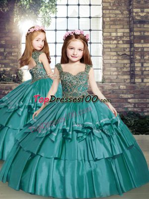 New Arrival Teal Sleeveless Beading Floor Length Little Girls Pageant Dress