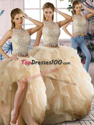 On Sale Champagne Three Pieces Beading and Ruffles Sweet 16 Dresses Zipper Organza Sleeveless Floor Length