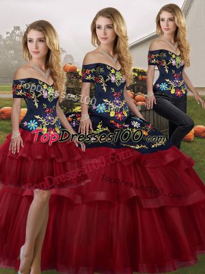 Simple Wine Red Off The Shoulder Lace Up Embroidery and Ruffled Layers Quinceanera Dresses Brush Train Sleeveless