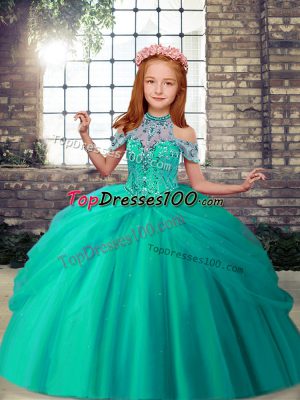 Turquoise Tulle Lace Up Kids Pageant Dress Sleeveless Floor Length Beading