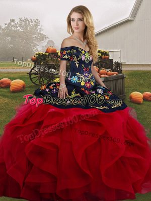 Floor Length Lace Up Vestidos de Quinceanera Red And Black for Military Ball and Sweet 16 and Quinceanera with Embroidery and Ruffles