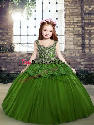 Green Lace Up Straps Beading Little Girl Pageant Gowns Tulle Sleeveless