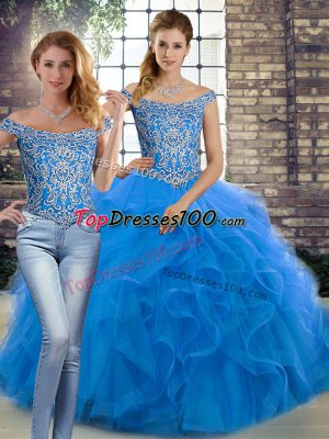 Tulle Sleeveless 15 Quinceanera Dress Brush Train and Beading and Ruffles