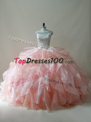 Peach Sleeveless Beading and Ruffles Floor Length Quinceanera Dress
