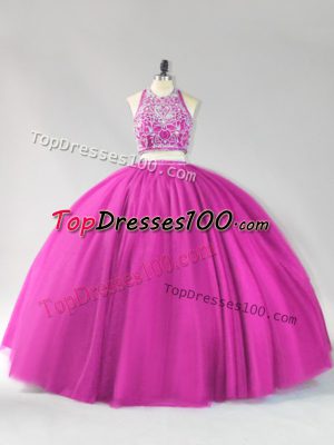 Fuchsia Sleeveless Beading Floor Length Ball Gown Prom Dress