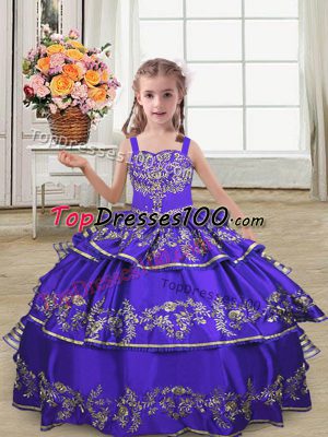 Purple Ball Gowns Satin Straps Sleeveless Embroidery and Ruffled Layers Floor Length Lace Up Child Pageant Dress