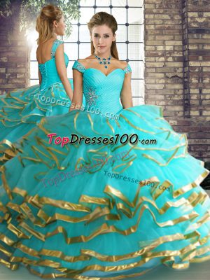 Cheap Off The Shoulder Sleeveless Lace Up Sweet 16 Dress Aqua Blue Tulle