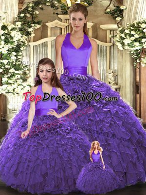 Floor Length Lace Up 15th Birthday Dress Purple for Sweet 16 and Quinceanera with Ruffles