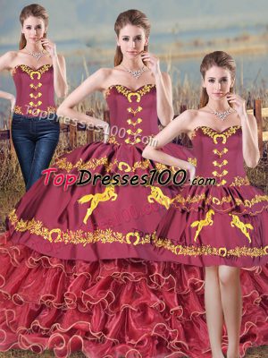 Floor Length Burgundy Vestidos de Quinceanera Sweetheart Sleeveless Brush Train Lace Up