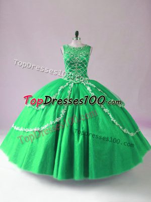 Vintage Floor Length Green Quinceanera Gowns Tulle Sleeveless Beading