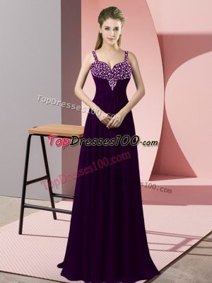 High End Dark Purple Chiffon Zipper Prom Gown Sleeveless Floor Length Beading