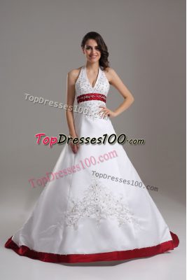 Admirable White Satin Lace Up Halter Top Sleeveless Wedding Dress Brush Train Beading and Embroidery
