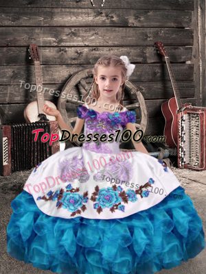 Off The Shoulder Sleeveless Lace Up High School Pageant Dress Aqua Blue Organza