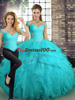 Attractive Sleeveless Tulle Floor Length Lace Up Sweet 16 Quinceanera Dress in Aqua Blue with Beading and Ruffles