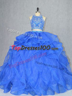 Smart Blue Two Pieces Beading and Ruffles Quinceanera Gowns Backless Organza Sleeveless
