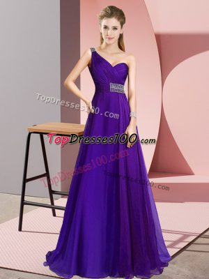 Adorable Purple Chiffon Criss Cross Evening Dress Sleeveless Brush Train Beading