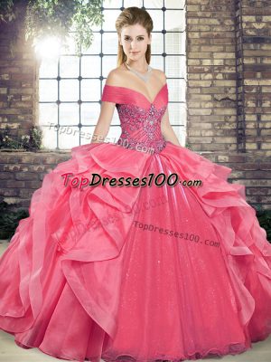 Admirable Organza Off The Shoulder Sleeveless Lace Up Beading and Ruffles 15th Birthday Dress in Coral Red