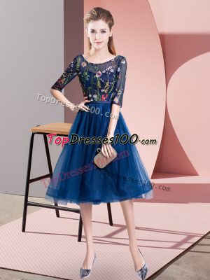 Knee Length Navy Blue Wedding Party Dress Scoop Half Sleeves Lace Up