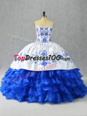 Delicate Sleeveless Satin and Organza Floor Length Lace Up Quince Ball Gowns in Blue And White with Embroidery and Ruffled Layers