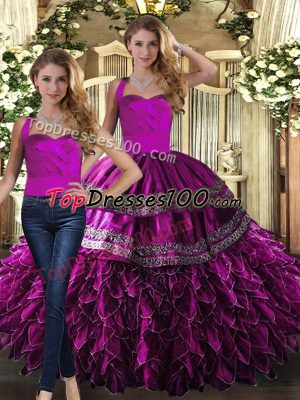 Flirting Halter Top Sleeveless Quinceanera Dress Floor Length Embroidery and Ruffles Fuchsia Organza