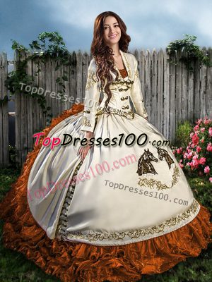 Brown Satin and Organza Lace Up Sweetheart Sleeveless Floor Length 15th Birthday Dress Beading and Embroidery