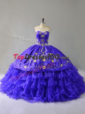 Sweetheart Sleeveless Quinceanera Dress Floor Length Embroidery and Ruffled Layers Blue Organza