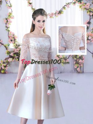 Classical Champagne Off The Shoulder Neckline Lace and Belt Dama Dress Half Sleeves Lace Up