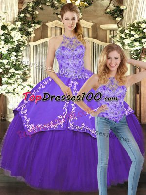 Cheap Purple Satin and Tulle Lace Up Halter Top Sleeveless Floor Length Quinceanera Gown Beading and Embroidery