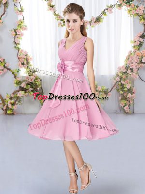 Pretty Sleeveless Lace Up Knee Length Hand Made Flower Vestidos de Damas