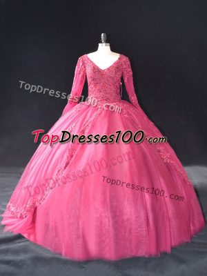 Tulle V-neck Long Sleeves Lace Up Lace and Appliques Quinceanera Dress in Hot Pink